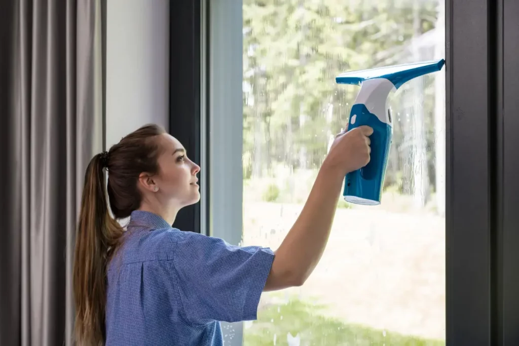 Žena myje okna speciálním vysavačem na okna - aku stěrkou.